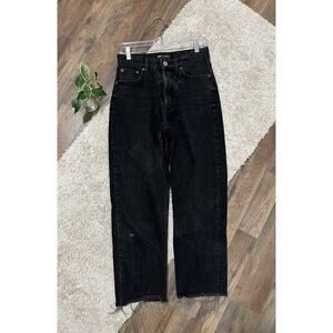 ZARA Size 6 Black High-Rise Button Fly Raw Frayed Hem Cropped Straight Leg Jeans